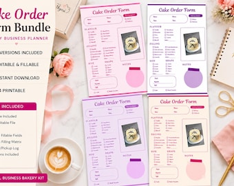 Peut inclure: Un ensemble de formulaires de commande de gâteaux sur le thème d'un planificateur de boulangerie. Les formulaires sont roses et violets, avec des sections pour la saveur, la garniture, la taille et la forme. L'image comprend une tasse de café, des fleurs et un carnet.