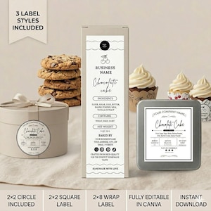 May include: A set of three editable product labels for chocolate cake, including a circular label on a round box, a rectangular wrap label on a tall box, and a square label on a tin, featuring text for ingredients, net weight 9 oz, and business details.