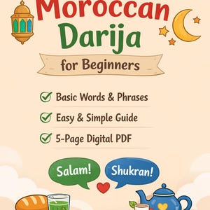 Pode incluir: Ilustração colorida para um guia de aprendizagem da língua darija marroquina. O título é em vermelho e verde, com uma lua crescente e estrelas. Inclui ícones para frases básicas, um guia simples e um PDF de 5 páginas. Apresenta as palavras "Salam!" e "Shukran!"