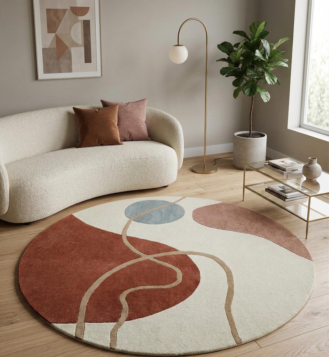 Handmade Tufted Wool Abstract Round Rug Cream Modern - Etsy