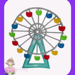 May include: A gray and blue Ferris wheel with colorful gondolas. The gondolas are red, yellow, blue, and green.