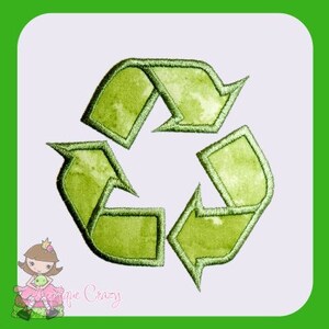 May include: Green recycle symbol with a textured, watercolor-like design. The symbol is made of three arrows forming a circle.