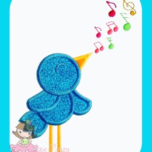 May include: A blue bird with a yellow beak is singing. The bird is standing on two yellow legs. There are musical notes in the air around the bird. The notes are pink, green, and yellow.