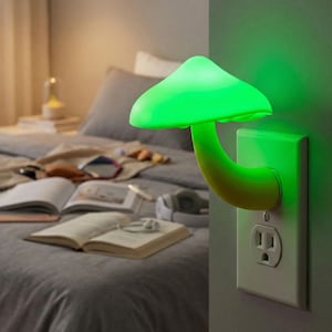 Peut inclure: Veilleuse en forme de champignon vert branchée sur une prise murale. Le chapeau du champignon brille vivement, émettant une douce lumière verte. La tige est incurvée et jaune. Le fond montre un lit avec des livres et d'autres objets.