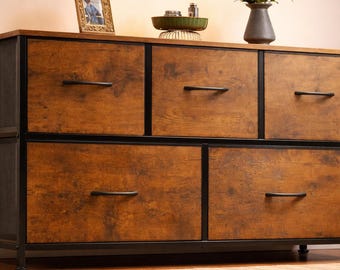 Rustic Brown and Black 5-Drawer Dresser Unit, Industrial Style Storage Organizer