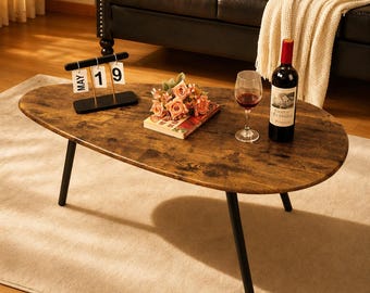 Mid Century Modern Oval Coffee Table, Wooden Rustic Center Table, Minimalist Living Room Table, Small Space Side Table, Aesthetic Furniture