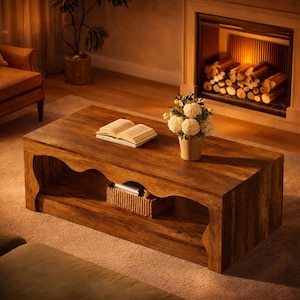 May include: A rectangular wooden coffee table with a warm brown finish. The table features a lower shelf and a wavy design on the sides. An open book, flowers, and a basket are on the table.