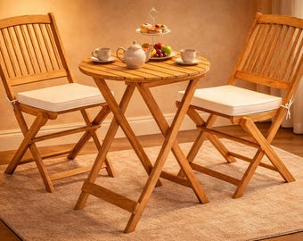 Acacia Wood Bistro Set with Cushions: Folding Balcony Garden Furniture (3-Piece)