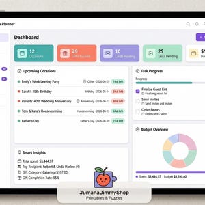 May include: A digital tablet showing an occasion planner dashboard with sections for occasions, gifts, cards, tasks, and budget. The screen displays upcoming events, task progress, and a budget overview. The text "JumanaJimmyShop Printables & Puzzles" is visible.
