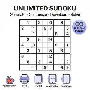 May include: A Sudoku puzzle with the text "UNLIMITED SUDOKU" at the top. The image includes a solved Sudoku grid, icons for printing, tablets, and e-readers, and the phrase "Unlimited Puzzles."