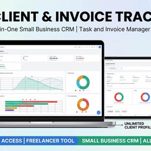 Może przedstawiać: Laptop i tablet wyświetlają panel biznesowy z wykresami. Tekst brzmi "CLIENT & INVOICE TRACKER" i "All-in-One Small Business CRM". Dodatkowy tekst zawiera "Track Revenue & Invoices" i "Manage Tasks & Deadlines".