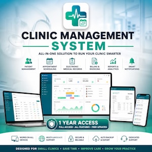 May include: An advertisement for a clinic management system, showing a laptop, tablet, and smartphone displaying the software interface. The text reads "Clinic Management System" and "All-in-one solution to run your clinic smarter."