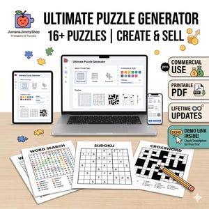 May include: A digital software interface titled Ultimate Puzzle Generator displayed on a laptop, tablet, and smartphone, featuring 16+ puzzle types including word search, sudoku, and crossword. Printed puzzle sheets and a pencil are included.