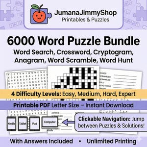 Könnte beinhalten: Werbebild für ein 6000 Wort-Puzzle-Bundle, einschließlich Wortsuchrätsel, Kreuzworträtsel und Anagramme. Das Produkt bietet vier Schwierigkeitsgrade und ist als druckbares PDF erhältlich. Das Logo zeigt einen Cartoon-Apfel.