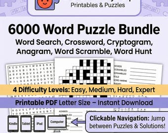 6000 Printable Puzzles PDF – Word Search, Crossword, Cryptogram, Anagram, Scramble, Hunt – Navigable – Kindle Friendly