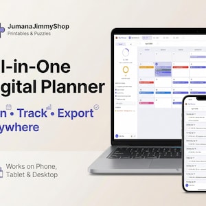 May include: A laptop and smartphone showing a digital planner interface. The screen displays a calendar view with colour-coded entries. The text reads "All-in-One Digital Planner" and "Plan, Track, Export Anywhere."