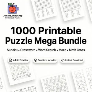 May include: An image showcasing a bundle of printable puzzles, such as Sudoku, crossword, word search, maze, and math cross. The title reads "1000 Printable Puzzle Mega Bundle." The image includes the text "A4 & US Letter," "Solutions Included," and "Instant Download."