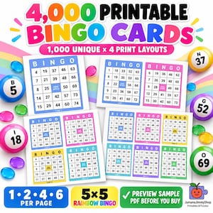 May include: A digital collection of 4,000 printable bingo cards featuring 1,000 unique cards in 4 layouts. The image displays multiple bingo card sheets with numbers and free spaces, surrounded by colorful bingo balls and markers on a rainbow background.