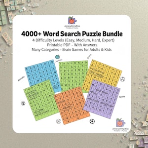 以下が含まれることがあります： 4000以上の単語検索パズルバンドル。さまざまな難易度とカテゴリの印刷可能な単語検索パズル。画像には、単語が書かれたカラフルなパズルグリッドがいくつか表示され、「4000+ Word Search Puzzle Bundle」というテキストが表示されています。