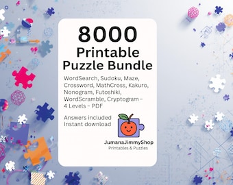 May include: An image of a white rectangle with the text "8000 Printable Puzzle Bundle". The bundle includes WordSearch, Sudoku, Maze, Crossword, MathCross, Kakuro, Nonogram, Futoshiki, WordScramble, and Cryptogram puzzles. The image also includes puzzle pieces.