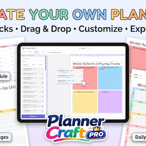 Könnte beinhalten: Ein digitales Planer-Erstellungstool namens Planner Craft Pro mit einer Drag-and-Drop-Oberfläche auf einem Tablet-Bildschirm. Um das Tablet herum befinden sich verschiedene druckbare Planervorlagen, darunter ein Wochenplaner, ein Habit-Tracker und Checklisten.
