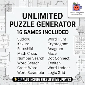 Pode incluir: Gráfico branco com o texto "UNLIMITED PUZZLE GENERATOR" e "16 JOGOS INCLUÍDOS". Os jogos listados incluem Sudoku, Word Hunt e Cross Word. A imagem também inclui o texto "ALSO INCLUDE FREE LIFETIME UPDATES".