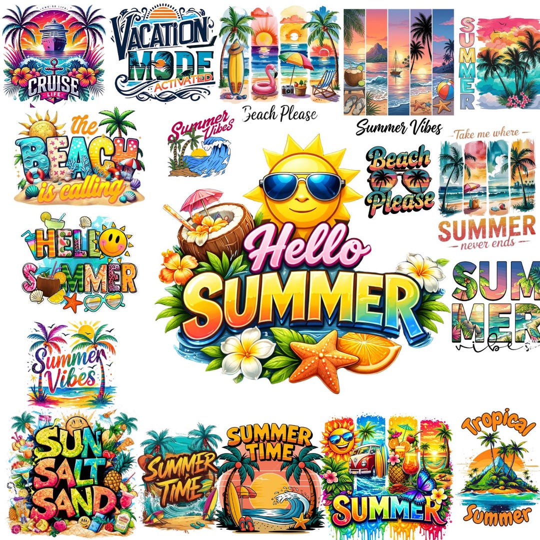 Summer Vibes PNG Bundle | Cute Aesthetic Summer Clipart | Beach, Sun