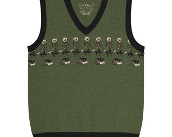 May include: An olive green V-neck sweater vest featuring a repeating pattern of small brown and black animal figures across the chest. The garment has black ribbed trim along the neckline, armholes, and bottom hem, with a small logo printed inside.