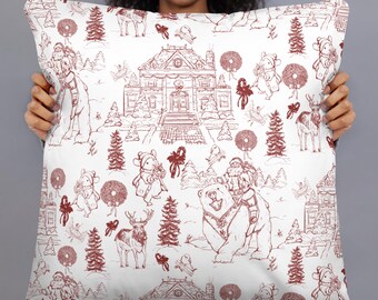 May include: A square throw pillow featuring a white background with a repeating dark red line art pattern. The design includes illustrations of Santa Claus riding a polar bear, reindeer, mice in winter clothing, pine trees, and wreaths.