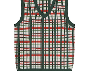 May include: A sleeveless V-neck sweater vest featuring a white base with a repeating plaid pattern in dark green and bright red. The garment has a solid dark green ribbed trim along the neckline, armholes, and the bottom hemline.