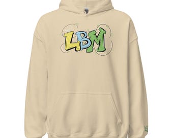 May include: A sand-colored hooded sweatshirt featuring a front kangaroo pocket and long sleeves. The center of the chest displays the letters LBM in a stylized, bubble-letter font with yellow, blue, and green colors and thin black outlines.