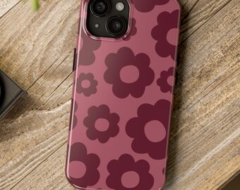 Funda para teléfono Retro Daisy, funda resistente para iPhone con estampado floral burdeos y Samsung.