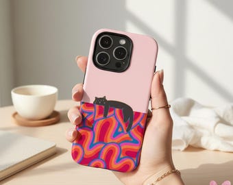 Funda para iPhone con diseño de gato psicodélico y genial, funda para Samsung con remolinos retro.