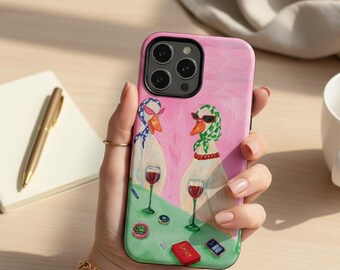 Funda para teléfono con diseño de pato / Funda para iPhone con diseño vintage de pato / Regalo divertido para amantes del vino / Funda para teléfono con estética rosa