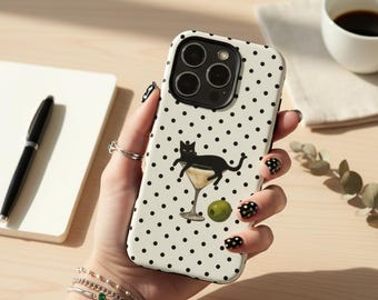 Funda para iPhone con diseño de gato negro y Martini, funda con estampado de lunares y cóctel, protección original para gatos.