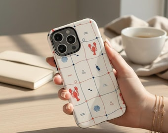 Funda para teléfono con diseño náutico de langosta, funda para iPhone con diseño de red de pesca costera, funda con diseño de langosta estilo preppy, funda estilo abuela costera, funda náutica para Samsung y iPhone.
