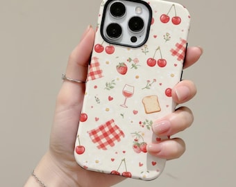 Cottagecore Cherry Picnic Phone Case, Fruit Toast Wine Design, iPhone Samsung Protection