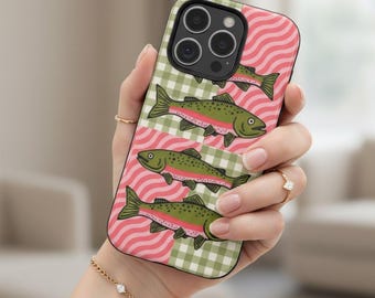 Funda para teléfono con estampado de pez trucha, diseño de cuadros vichy, funda protectora para iPhone y Samsung.