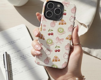 Funda para teléfono Coquette Stamp, funda para iPhone French Girl Collage, funda Matcha Bow Croissant, funda con estética femenina, funda Samsung Coquette