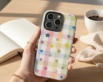 Funda para teléfono Star Gingham, funda para iPhone Preppy multicolor con estrellas, funda con estética de estrellas en tonos pastel, funda Cottagecore, funda para Samsung con estrellas, regalo de cumpleaños