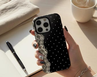 Funda para teléfono con encaje negro y lunares, estilo gótico chic para iPhone y Samsung.