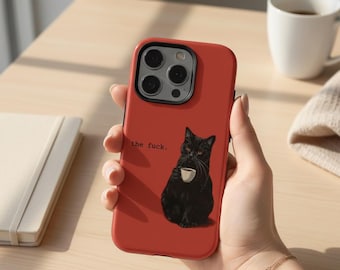 Funda divertida para teléfono con diseño de gato y café, funda para iPhone con gato sarcástico, funda con gato negro de mal humor, funda con humor negro, funda divertida para Samsung con diseño de gato