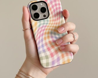 Funda para iPhone con estampado de cuadros vichy, funda protectora con remolinos pastel, estilo preppy Y2K.