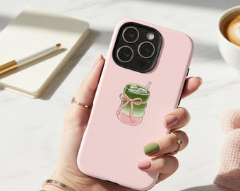 Funda para iPhone con lazo de matcha helado, funda para teléfono rosa suave coqueta, bebida de matcha de Samsung