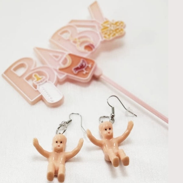 Baby Doll Earrings, Infant Jewelry, Creepy Doll Earrings, Mini Toy Ear Bobs, Long earrings, Small Human Body, Child Fashion Accessories