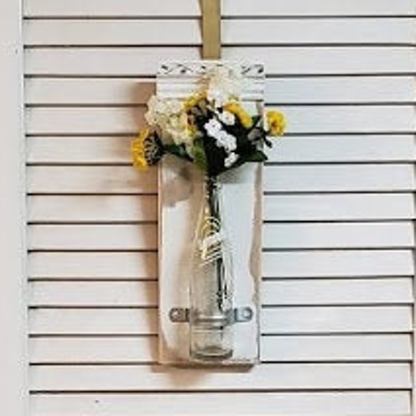 Gatorade Pop Bottle/Wall Sconce/Wood Wall Decor/Flower Vase/Farmhouse/ Hanging Glass Fixtures/ White Wooden Sconces