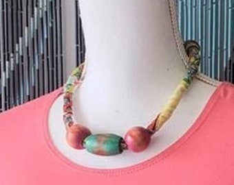Chunky tropical wooden bead necklace Turquoise and orange