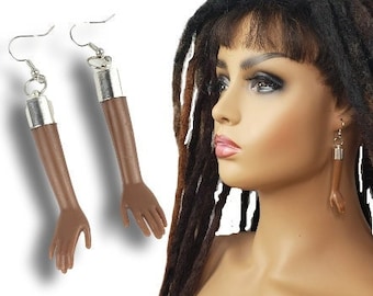Doll Hand earrings, Body Parts Jewelry, Barbie Doll Earrings, Barbie hands and feet, Unusual Ear Bobs, Severed arm earrings, Long earrings