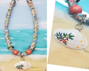 Hand painted tropical boho shell and wooden bead necklace