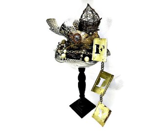 Steampunk Bird Assemblage Sculpture, Recycled Nest, Crowned Bird